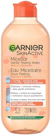 Garnier SkinActive Micellar Gentle Peeling Water with 1% PHA + Glycolic Acid + Papaya Extract, Cleanses & Gently Exfoliates Skin, for Normal to Sensitive Skin – 400ml