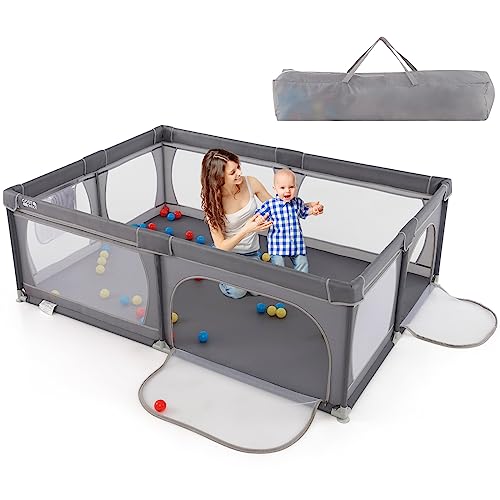 COSTWAY Parque Infantil Bebe, Corralito Bebe para Bebés y Niños, Centro Actividad Estable y Atóxico, Parque Anticaída con Pelotas, Red Transpirable y Cremallera Duradera (gris oscuro)