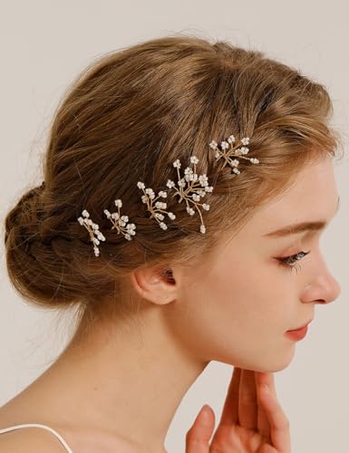 Teyglen 5Pcs Pearl Wedding Hair Pins Bridal Pearl Beads Hair Pins Clips Hair Accessories for Bride Gold Silver Wedding Pearl Bobby Pins for Women Brides (Gold)