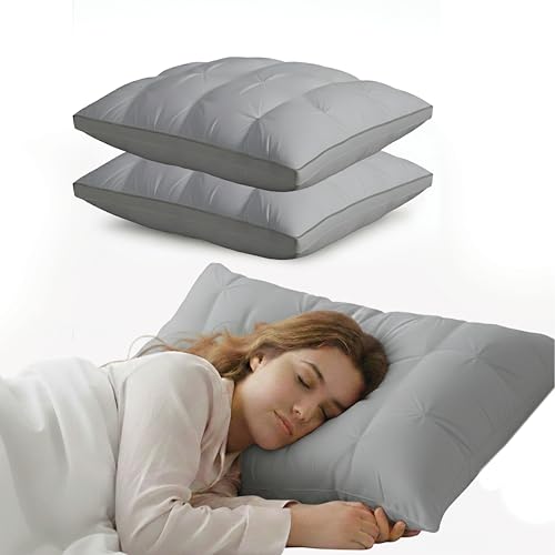 Image of Luxury Hotel Bed Pillow Set of 2, Premium Microfiber Filling, Jacquard Fabric, Concealed Zipper, Breathable Washable Cover, Grey Comfort Bedding Cushion Soft, 68 x 45 x 25 cm