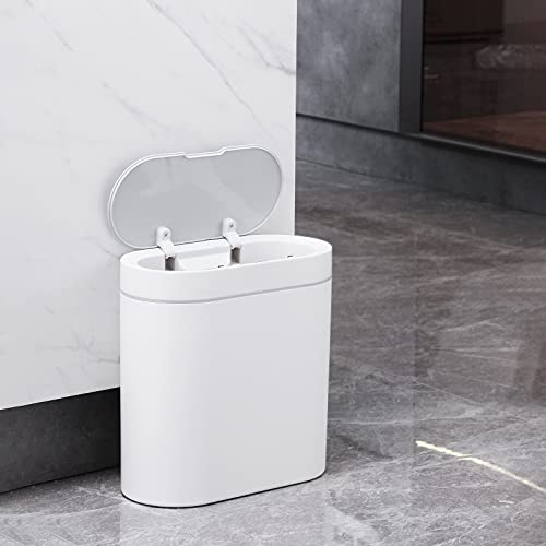 Elpheco Bathroom Trash Can, 2.5 Gallon Waterproof Motion Sensor Small Bathroom Trash Can With Lid, Slim Plastic Narrow Bedroom Trash Can Office Trash Can, White #TOP5