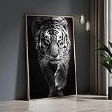 Schwarz-weißer Spaziergang Tiger Wandkunst Bilder Leinwand Gemälde Posterdrucke Gerahmtes Gemälde Tier Leinwand Gemälde 50x90cm(20x35in) mit Rahmen