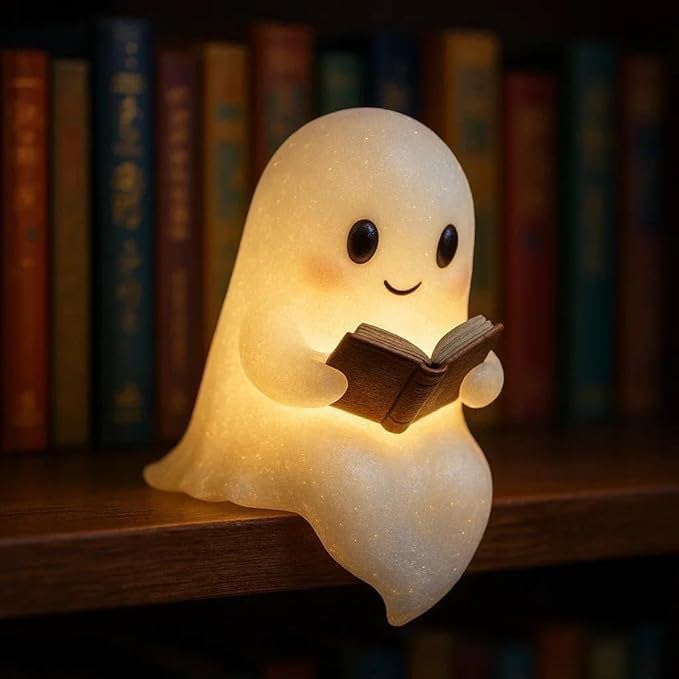 Cute Ghost Reading Book Lamp, Halloween Ghost Night Light, Ghost Reading Night Lights, 3D LED Night Light Halloween, Light Up Halloween Decor, for Bedroom Study Room, Readers (6 Inch)
