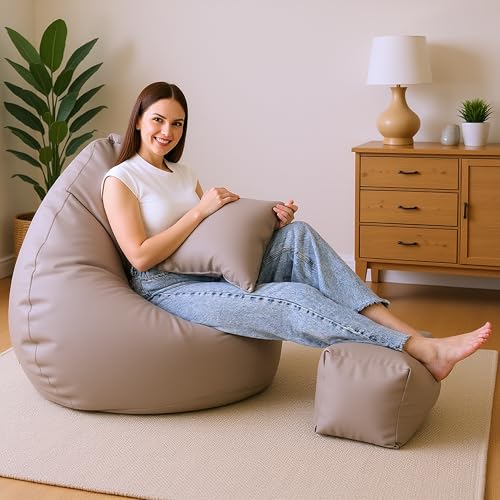 Image of 5XL Premium Leatherette Bean Bag with Rectangular Footrest & Cushion | High Density EPS Beans Filled | Teardrop Shape with Handle | 6 Months Warranty (Beige, 5XL Combo Pack, Solid)