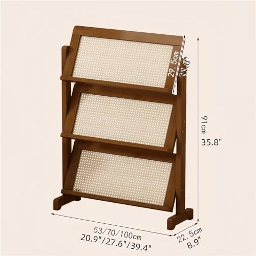 3-Tier Rattan Book Rack & Bamboo Magazine Holder, Multi-Purpose Floor Display Stand for Office & Living Room - T-Leg Design for Enhanced Stability (53 cm)