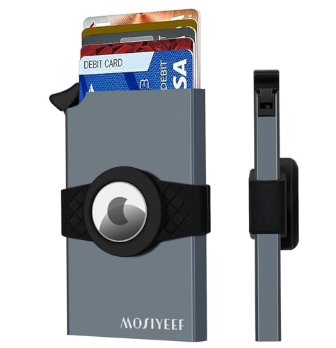 MOSIYEEF Card Holder Mens Wallet for AirTag - Pop Up Stealth Wallet RFID Blocking Slim Metal Card Case Holds 15 Cards and Notes (Grey)