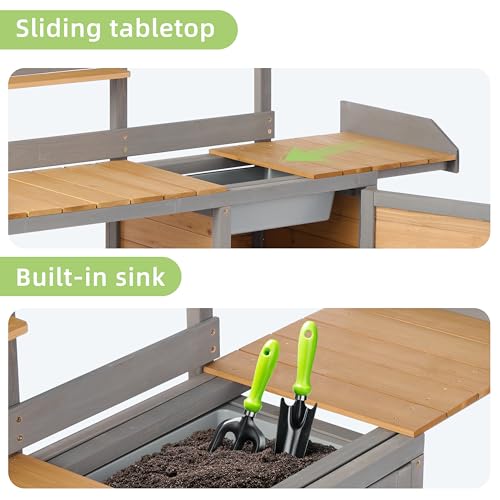Wooden Potting Bench Table with Sink,Outdoor Garden Table Work Bench with Storage, Workstation for Outside Patio Lawn - Thumbnail 5