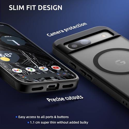 Magnetic Case for Google Pixel 8A 2024, Compatible with MagSafe Accessories, Matte Translucent Back Slim Shockproof Phone Cover Case 6.1 inch, Black