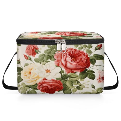 GzLeyigou Beautiful Rose Floral Lunch Bags for Women Men 9 Cans, Hot & Cold Food Delivery Bag Insulated Grocery Bag Insulated Lunch Box Flowers Cooler Bag for Office Work Picnic Beach