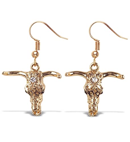 Aqua79 Gold Longhorn Skull Sparkling Earrings - Cute Gold Dangle Earrings Plated In Gold Color With Zinc Alloy Longhorn Charm Sparkly Pendant, Elegant Earrings Gift #TOP11