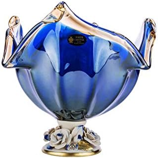 Murano Glass 12-Inch Footed Candy Fruit Bowl Decorative Vase Centerpiece, Vintage Design Crystal Wedding Gift with Capodimonte Porcelain Flowers (Blue)