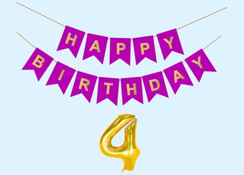 Image of 4th Happy Birthday Decoration Kit Purple for 4 year Old Boys Girls Baby with Number Four Party Decorations Decor Celebration Items Item Set Combo Reusable Paper Banner