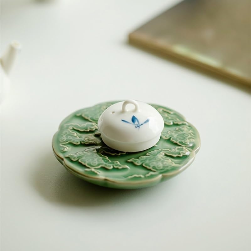 Incense Burner Celadon Relief Incense Burner Chinese Round Incense Holder Household Ceramic Incense Tray Buddhist Hall Wire Incense Burner Incense Stick Holder