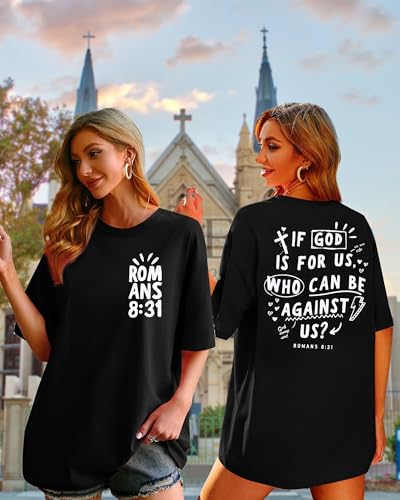 Christian T Shirts for Women: Oversized If God is for Us Shirt Religious Faith Top Bible Verse Inspirational Tee4