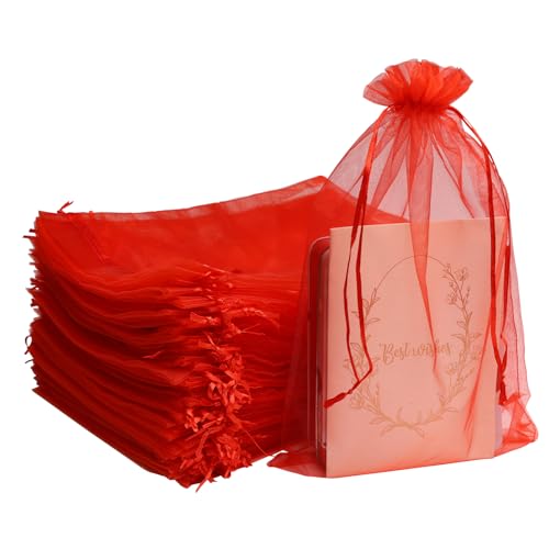Uigidori 100 Pcs Premium Organza Bags 8 x 12 Inches Sheer Organza Gift Pouches with Drawstring Large Mesh Favor Bags for Wedding Favors Party Jewelry Christmas Makeup Wrapping Supplies (Red)