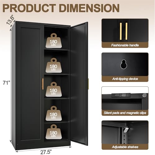 Image of 71 inch Tall Kitchen Pantry Cabinet, Metal Kitchen Pantry Storage Cabinet with Doors and 4 Adjustable Shelves, Black Pantry Cabinet for Living, Dining Room, Bathroom