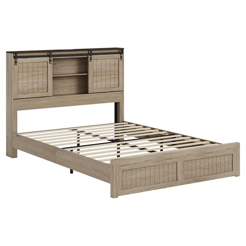 Queen Size Bed Frame with Storage, Sliding Barn Door, Farmhouse Wood Platform Bed with Reading Light and Charging Station, Wood Slats Support, Easy Assembly, Noise-Free, Antique White Antiqu