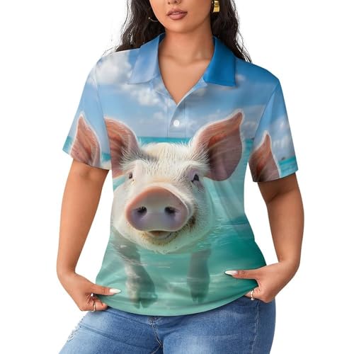 Polo de manga corta para mujer Swimming Pigs camiseta transpirable de ocio