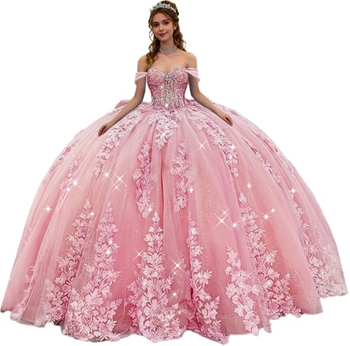 PMBDH Princess Pink Quinceanera Dresses Diamonds 3D Flowers 15 Dresses for Quinceanera with Train Sparkly Beaded 2026 Ball Gown Off Shoulder 0