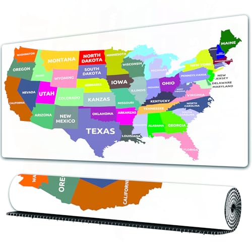 FEHWI Alfombrilla ratón 90×40 cm,Mapa, Estados Unidos Mapa con los Nombres de los Estados de América,Mouse Pad con Superficie Suave y Base de Goma Antideslizante,Oficina y Gaming en casa