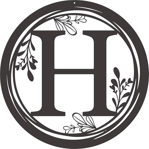 Decorative Metal Wall Art Sign with Letter H-Round Monogram Plaque with FloraDesign,Black Circle sign for Front Door, Porch, Garden, Patio, Living Room(H)
