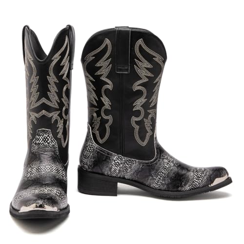 Image of Men's cowboy boots round toe boots embroidered with traditional Western country artificial snakeskin pattern