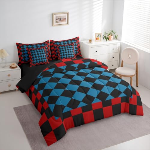 Image of Feelyou Checkered Retro Twin Comforter Set with Sheets for Kids Boys Girls Red Blue Black Plaid 7 Pieces Bedding Set Geometric Vintage Bed in a Bag Modern Simple Groovy Aesthetic Room Decor Soft