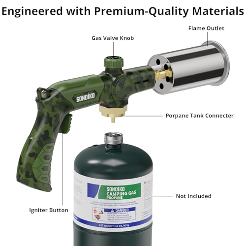 Image of Sondiko Powerful Propane Torch L8010, Sous Vide, Campfire Starter, Adjustable Gas Welding Kit for Searing Steak, BBQ, Gas Welding(Camouflage) Propane Tank Not Included