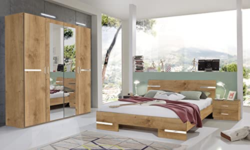 PEGANE Chambre à Coucher complète Adulte (lit 180x200 cm + 2 chevets + Armoire), Coloris Imitation chêne Poutre/Chrome Brillant