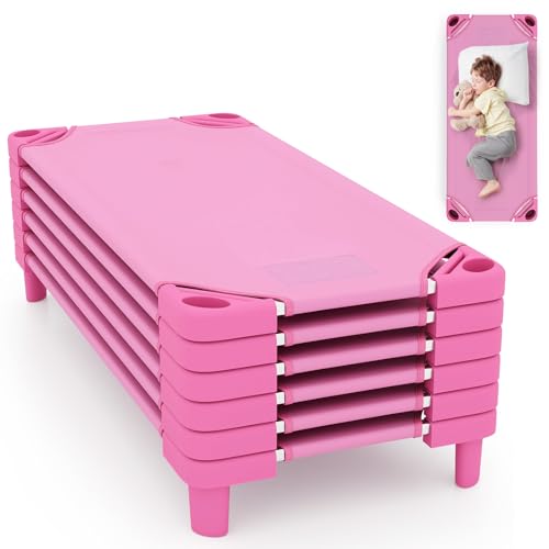 SPORFIT Stackable Daycare Cots for Kids, 51" L x 22.5" W Portable Nap Cots for Toddlers with Easy Lift Corners, Ready-to-Assemble, Preschool Cots for Classroom, Nursery, Daycare, Pack of 6 (Pink)