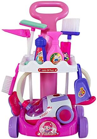 Fightsong Pretend Play Cleaning Set for Toddler Large Cleaning Cart Playset Colorful Housekeeping Pretend Toy Kit Electric Vacuum Cleaner Broom Mops Dustpan