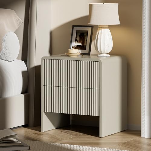 Image of Set of 2 Modern Curved Nightstand with 2 Drawers, Push-to-Open Wooden Bedside Table, Minimalist End Table for Bedroom, Beige