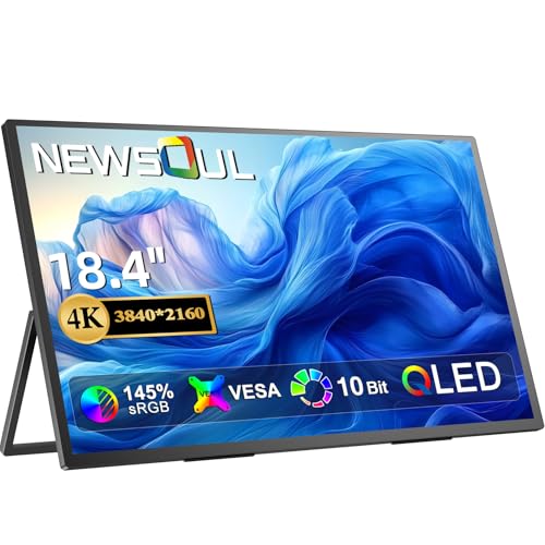 Newsoul Portable Monitor QLED 18.4 Inch 4K UHD 145% sRGB Screen, Aluminium Shell, Narrow Bezel Design with VESA Hole, Mini HDMI and USB-C Ports, Larger Second Screen for Laptop/Phone/Gaming