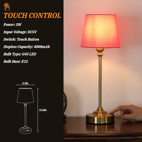 Image of Cordless Table Lamps Rechargeable Set - 2 Pack Brass 4000mAH Battery Operated Lamps for Decor, 3000K Stepless Dimming Touch Control Wireless Lamps for Bedroom, Dining Table, Living Room, Rose Shade