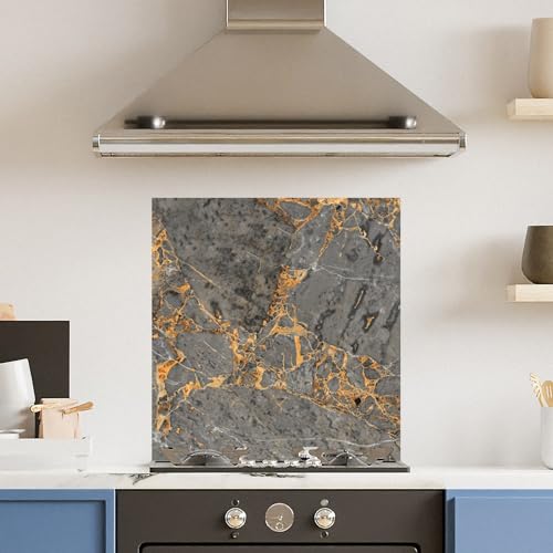 Premium (w)60cm x (h)65cm Grey Marble Glass 6mm Kitchen Splashback Heat Resistant Toughened Polished Edges - Back Splash Back Coloured Hob Painted Tempered Splashback