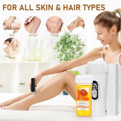 Demine Hair Removal Waxing Kit for Women & Men, Digital Roll on White Wax Warmer, Honey Wax Roller, Sensitive Skin, 100 Wax Strips, Portable, Includes Wax Residue Wipes - Thumbnail 3