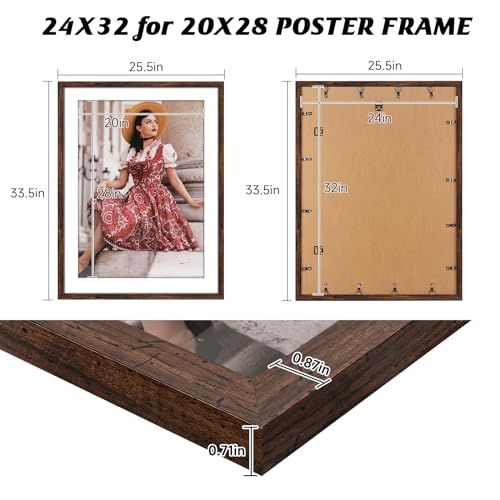 Image of HLiWEGNS Dark Brown 24x32 Frame Set of 3 - Rustic Woodgrain 24 x 32 Poster Frame for Pictures 20x28 with Mat or 24x32 Picture Frame Without Mat for Wall Gallery Display - Ideal Christmas Day