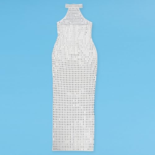Image of Jigfar Women Sexy Elegant Rhinestone Halter Party Night Bodycon Formal Maxi Dress(FK3521,White,L)