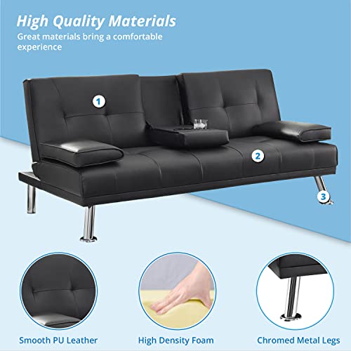 Futon Sofa Bed, Faux Leather Futon Couch With Armrest And 2 Cupholders, Pull Out Sofa Bed Couch Convertible With Metal Legs, Folding, Reclining Small Couch Bed, Futon Bed For Living Room - Black #TOP3
