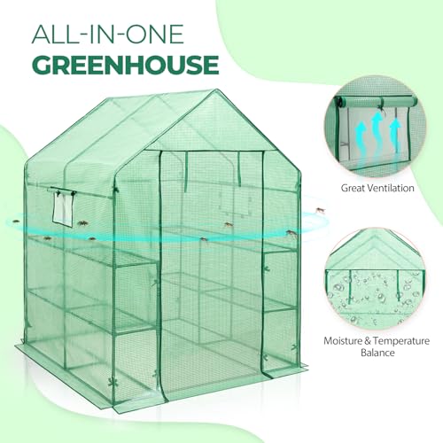 Image of EAGLE PEAK Walk in 3-Tier Greenhouse with Wire Shelves, Portable Indoor and Outdoor Green House with Roll-Up Zippered Door & 2 Roll Up Windows, 8 Shelves, 56 inchx56 inchx77 inch, Clear /Green PE Cover