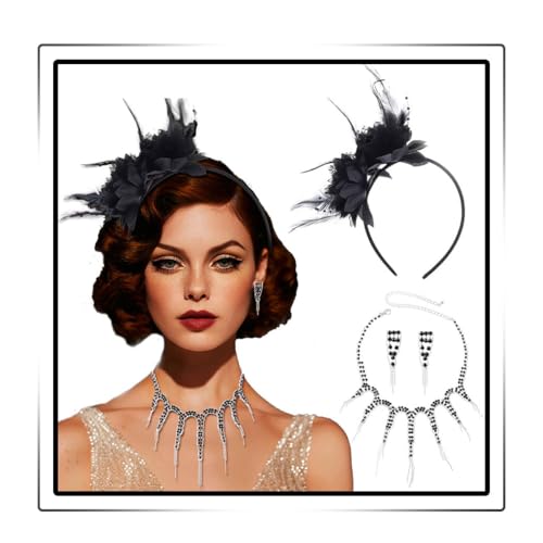 Ushiny Prom Jewrlry Set Rhinestone Necklace Earring and Blumenhut Set for Women (schwarz)