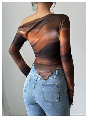 Women's Off Shoulder Tie Dye Mesh T Shirt Long Sleeve Asymmetrical Hem Ruched Fitted Tee Tops2