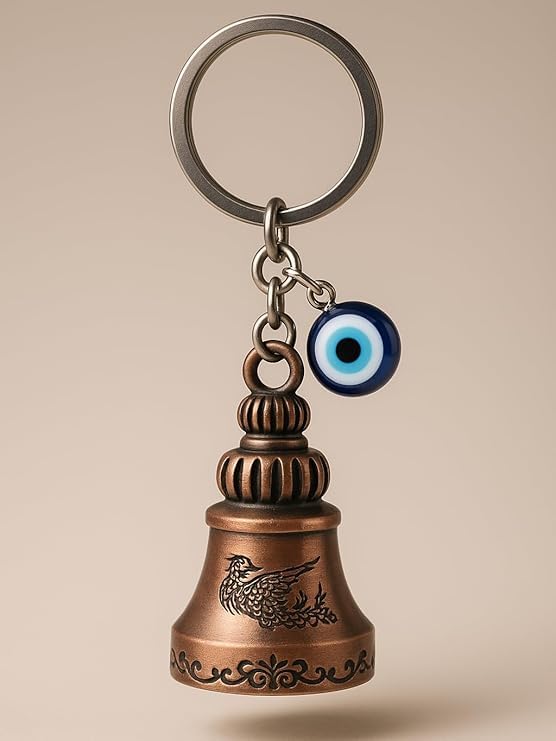 Image of Copper Evil Eye Guardian Bell Keychain, Metal Good Luck Charm with Nazar Design, for Bike & Car