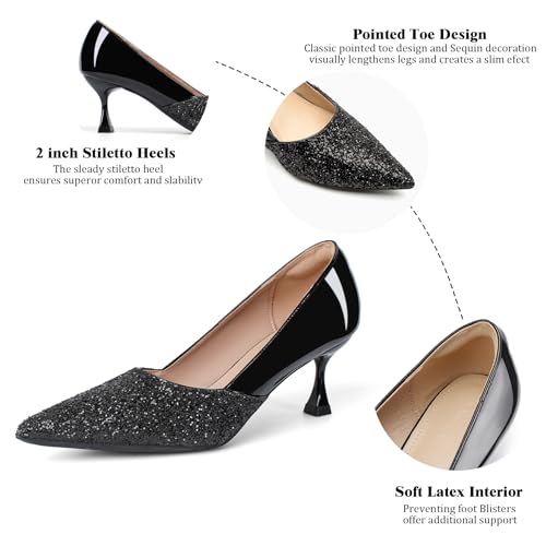 Women's Kitten High Heels 2 Inch Sequin Pointed Toe Leather Pumps Comfortable Slip On Wedding Party Dress Stilettos Shoes4