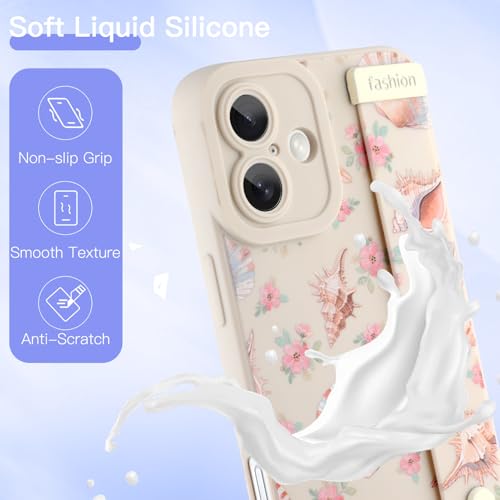 Coque silicone iPhone 16 blanche avec sangle et motif conque fleurie