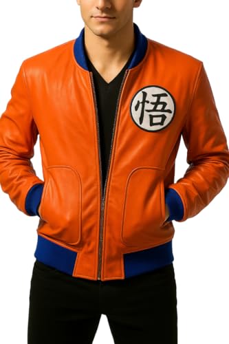 Mens Dragon DBZ Cosplay Orange Varsity Bomber Leather Jacket - DBZ Costume Fashion Letterman Jacket