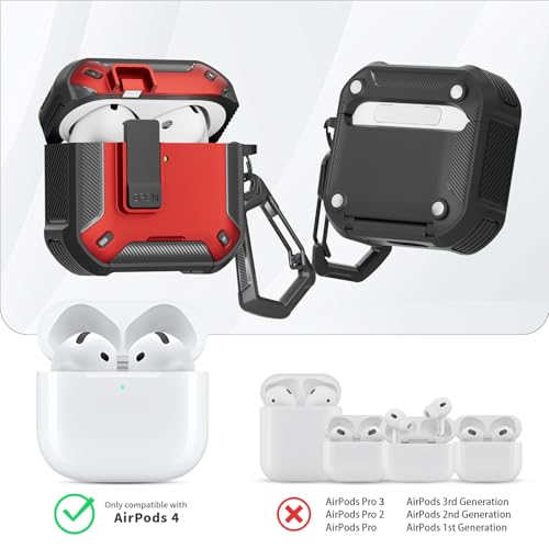 Image of for AirPods 4 Case with Magnetic Secure Lock Clip and Phone Stand, Compatible with Magsafe Charging, with Carabiner&Cleaner kit for Apple iPod 4th Generation Cover(2024) Men Women (Red)