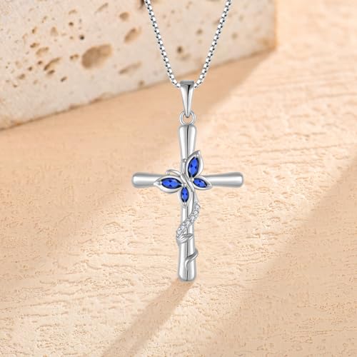 Cross Necklace for Women 925 Sterling Silver Butterfly Necklace Birthstone Pendant Created Gemstone Jewelry Gifts for Women4