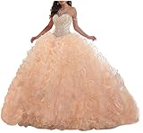 Lovely Romana Women’s Beaded Sweetheart Prom Ball Gown Dresses 2019 Organza Ruffles Skirt Quinceanera Dresses for Sweet 16 Champagne