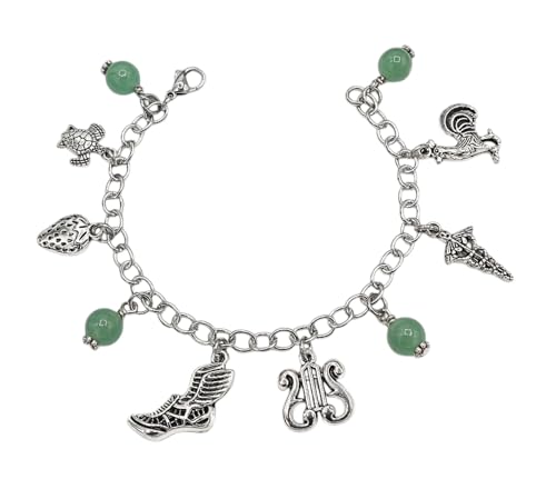 Green Aventurine Stainless Steel Mythology Charm Bracelet - Greek God Messenger Inspired Jewelry - Winged Sandals, Caduceus, Lyre - Pagan Boho Bracelet for Men and Women - Sizes 7 to 8 Inches